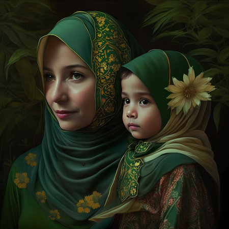 Portrait of muslim mother and her little daughter in green clothesの素材