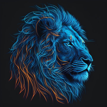 Lion head with blue and orange lines on a black background.の素材