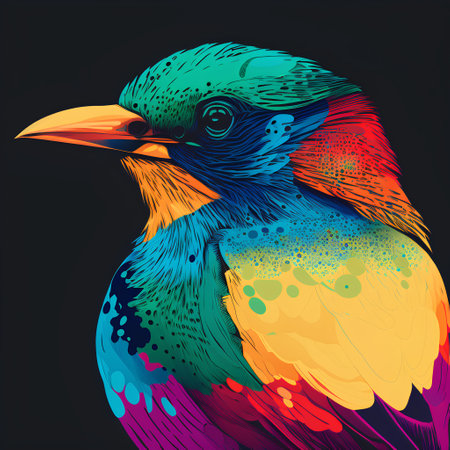 Colorful bird vector illustration. Hand drawn colorful bird isolated on black background.の素材