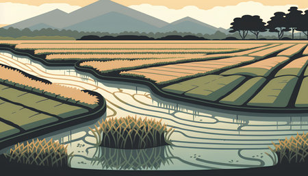 Rice field landscape. Vector illustration of rice terraces background.の素材