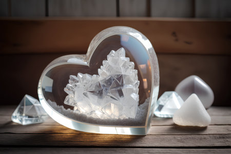Crystal heart with crystals on wooden background. Valentines day concept.の素材