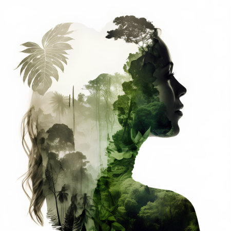 Double exposure of a woman and the forest. Conceptual illustration.の素材