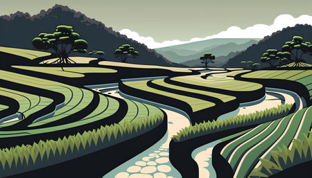 Rice terraces in the mountains. Vector illustration of a rice field.の素材