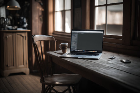 Laptop with blank screen and coffee cup on wooden table in cafeの素材
