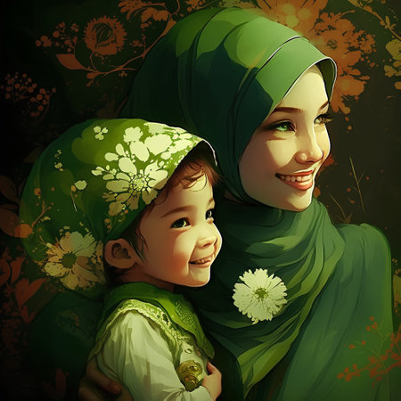 Muslim mother with her daughter in a green dress. Vector illustration.の素材
