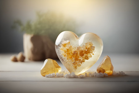 Beautiful heart-shaped stones on a white wooden background. Valentine's Day.の素材