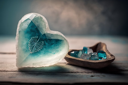 Aromatherapy and spa concept. Turquoise heart on wooden background.の素材