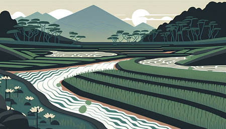 Terraced rice fields in the countryside. Vector illustration in flat style.の素材