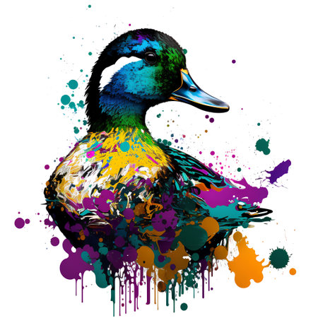 Colorful vector illustration of a duck on a white background with splashesの素材