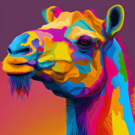 Colorful camel head. Vector illustration of a camel head on colorful background.の素材