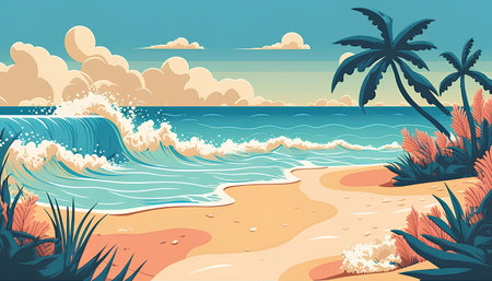Seascape with palm trees and waves. Vector illustration in flat styleの素材