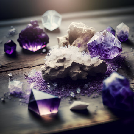 Crystals of amethyst on a wooden table. Close up.の素材