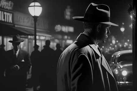 Handsome man in a coat and hat on the street at nightの素材