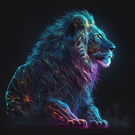 Lion on the dark background with colorful lights. Vector illustration.の素材