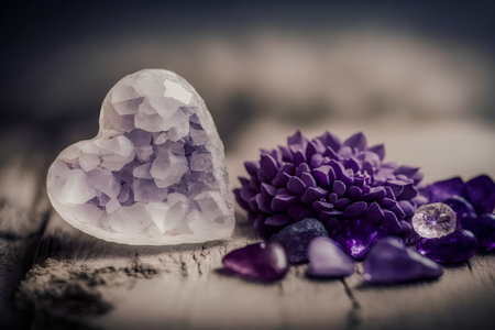 Heart shaped quartz crystals and purple dahlia flowers on wooden backgroundの素材