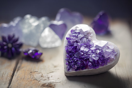 Heart of amethyst on a wooden background. Valentine's day concept.の素材