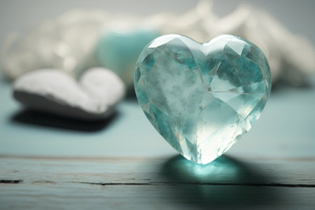 Heart shaped gemstone on a blue wooden background. Toned.の素材