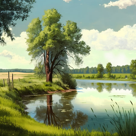 Summer landscape with a tree in a meadow and a lake.の素材