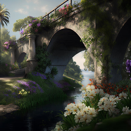 Bridge over the river with flowers in the garden. 3d renderの素材