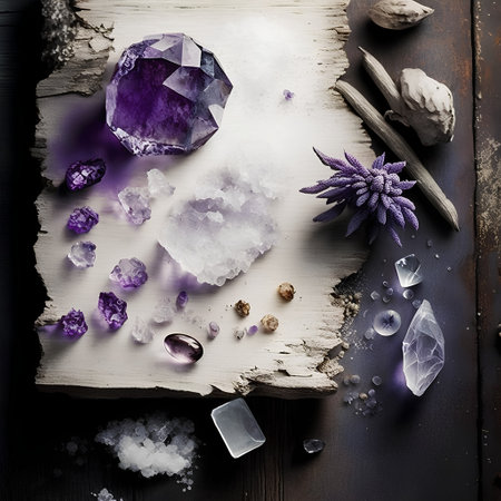 Crystals of amethyst and lavender on a wooden background.の素材