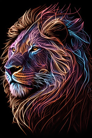 Lion head with colored lines on black background. Vector illustration.の素材