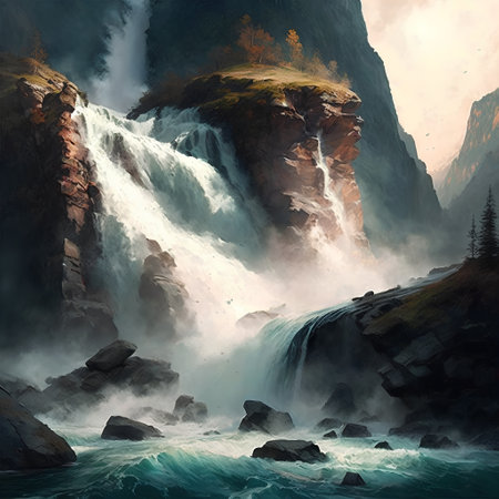 Waterfall in the mountains of the Altai Republic. Digital paintingの素材