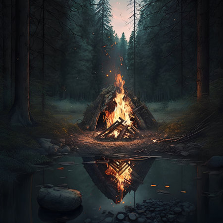 A bonfire in the forest, 3d render, digital illustrationの素材