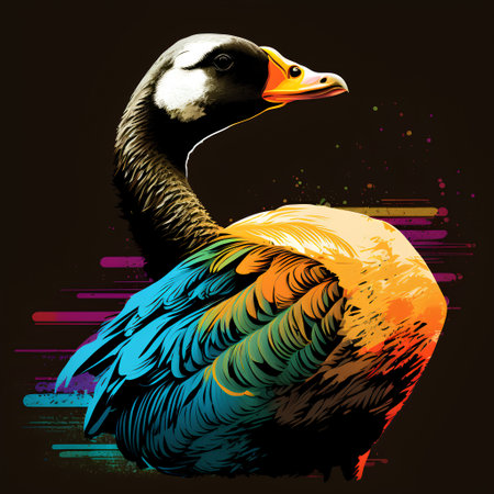 Vector illustration of a goose on a black background with colorful stripes.の素材