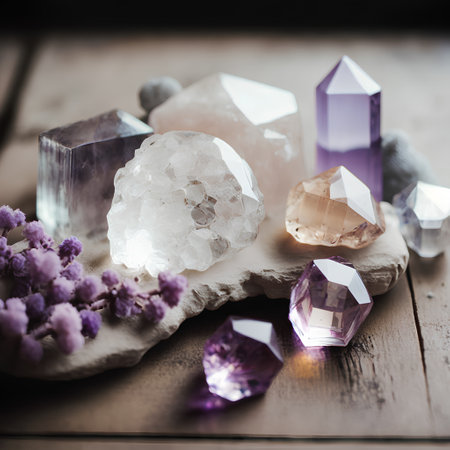 Gemstones and crystals on rustic wooden background, selective focusの素材
