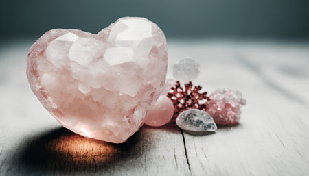 Heart shaped quartz crystals on wooden background. Valentine's day concept.の素材