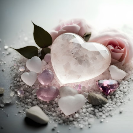 Heart-shaped stones and rose petals on a white background.の素材