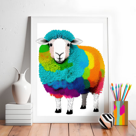 Sheep in frame on white wall background. 3d rendering.の素材