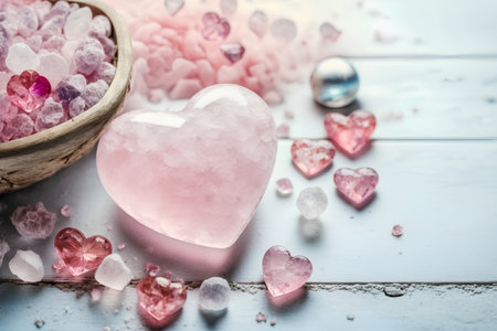 Heart shaped bath salt on wooden background, valentine day conceptの素材