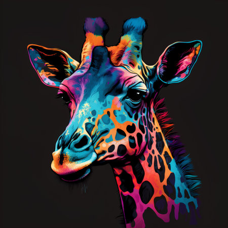 Giraffe head isolated on black background. Colorful illustration.の素材