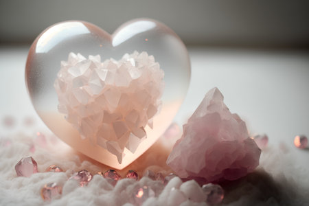Crystal heart with pink crystals on white background. Valentines day concept.の素材