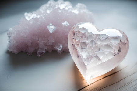 Heart shaped crystal on a white wooden background. Valentines day concept.の素材