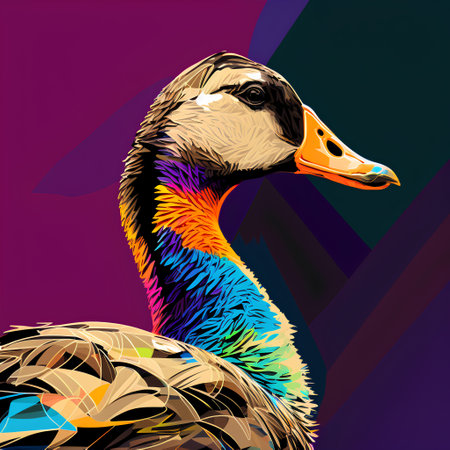Vector illustration of a duck on a colorful background with a geometric pattern.の素材