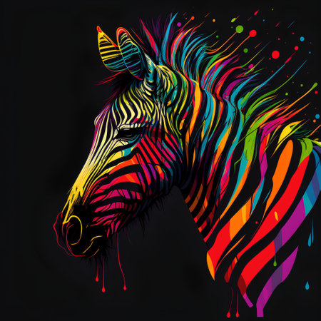 Horse head with abstract colorful stripes on black background. Vector illustration.の素材