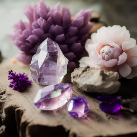 precious stones and flowers on wooden table, shallow depth of fieldの素材
