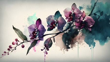 Watercolor painting of orchid flowers on grunge background. Vector illustration.の素材