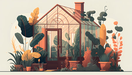 Greenhouse with plants in pots. Vector illustration in flat style.の素材