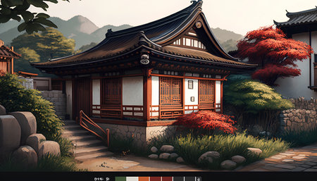 Korean traditional house in the garden. 3D rendering image.の素材