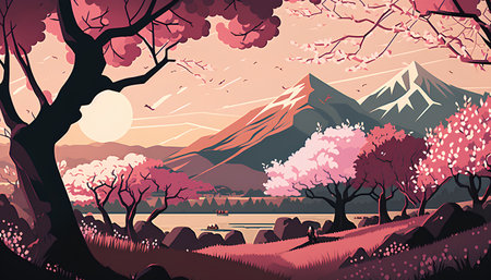 Autumn landscape with mountains and lake. Vector illustration in flat styleの素材