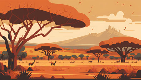 African savannah landscape background. Vector illustration in flat cartoon style.の素材
