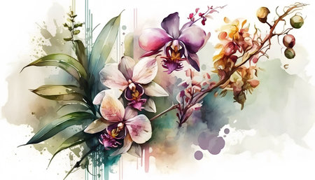 Watercolor illustration of orchid flowers. Hand drawn floral background.の素材