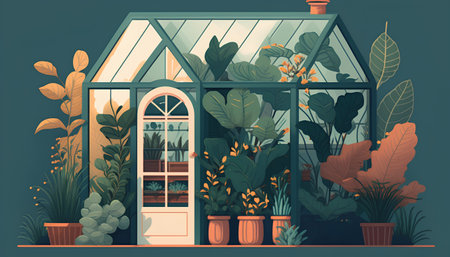 Greenhouse with plants. Vector illustration in flat cartoon style. House interior.の素材