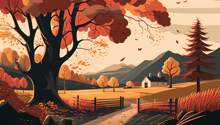 Autumn rural landscape with village, trees and road. Vector illustrationの素材