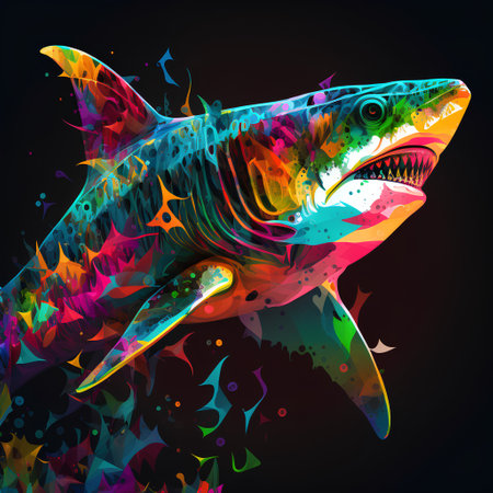 Shark with colorful splashes of paint. Vector illustration on black background.の素材