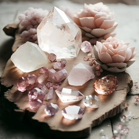 Rose quartz and crystals on a rustic wooden board. Selective focus.の素材