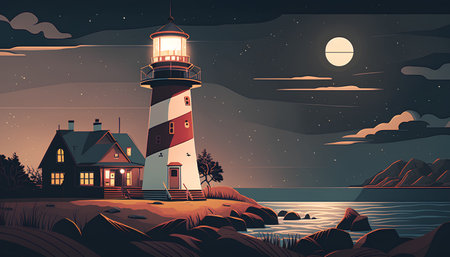 Lighthouse on the coast at night. Vector illustration in cartoon styleの素材